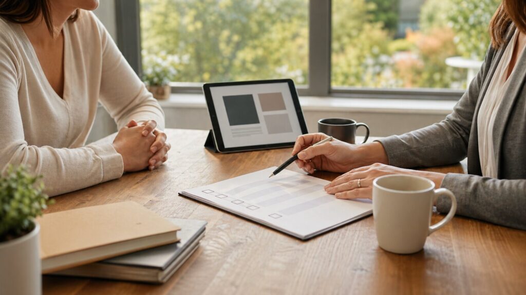 Family reviewing outpatient treatment center options with a counselor