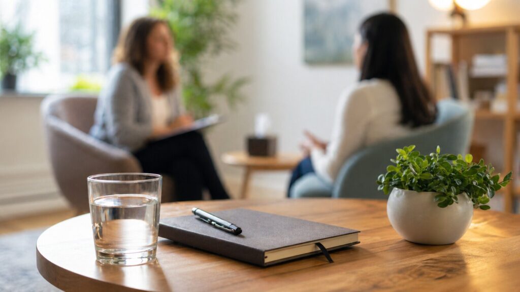Outpatient alcohol treatment conversation in a calm counseling room