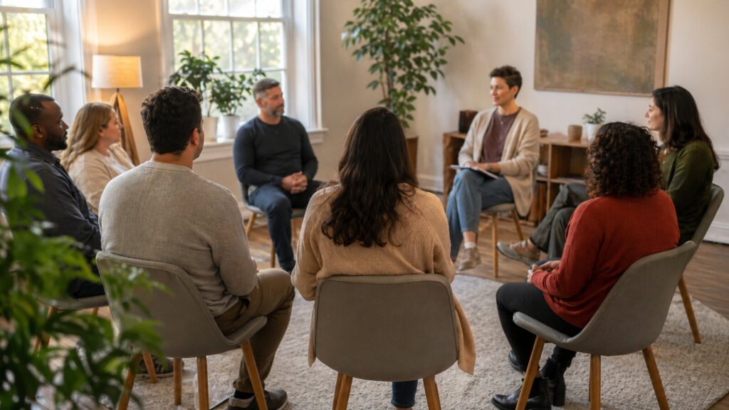 Group therapy session in a welcoming counseling room