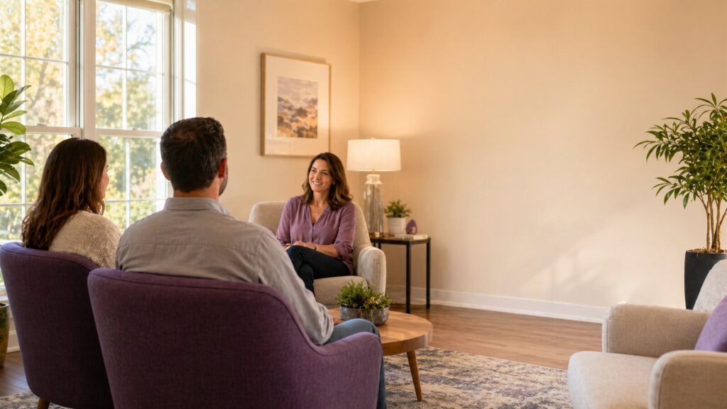 Outpatient rehab counseling session in a calm Massachusetts treatment setting