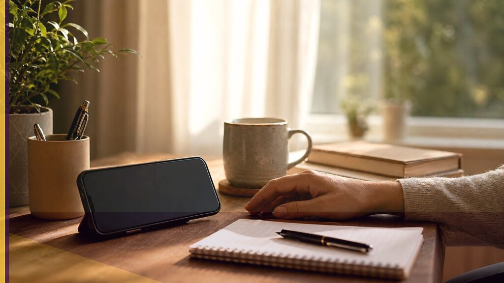 Calm anxiety treatment session with counselor and notebook