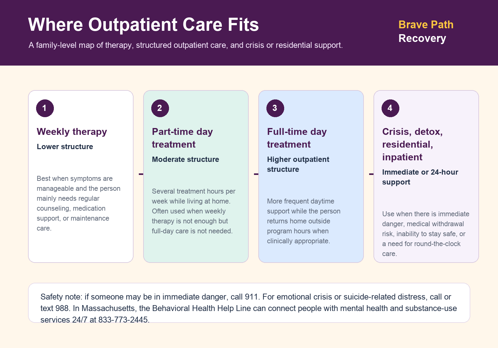 Infographic explaining where weekly therapy, part-time day treatment, full-time day treatment, crisis care, residential care, and emergency services fit for MetroWest families.