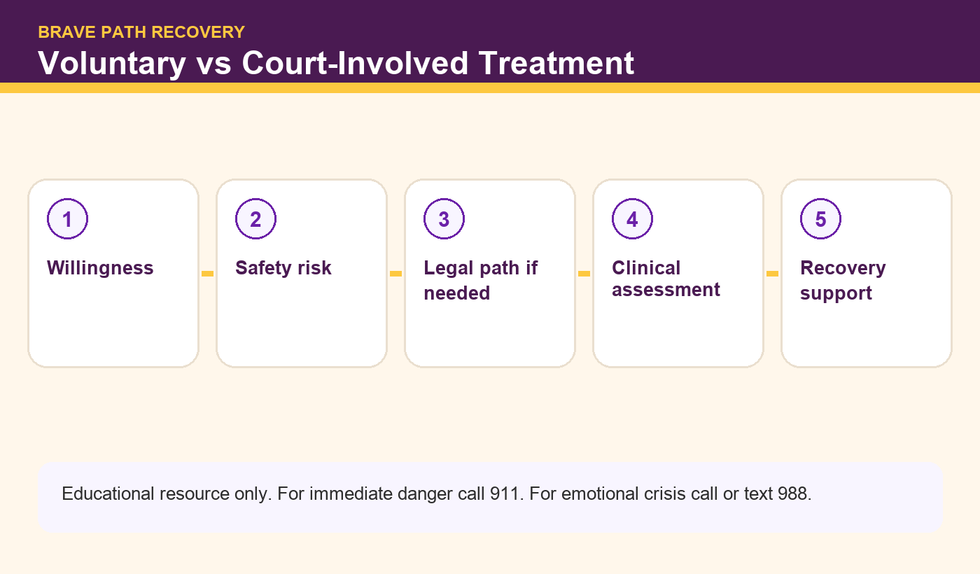 Brave Path Recovery infographic: Voluntary vs Court-Involved Treatment